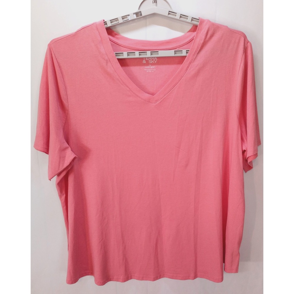 New Terra & Sky Slim Fit Women's V-Neck T-Shirt, 3X, Peach Coral